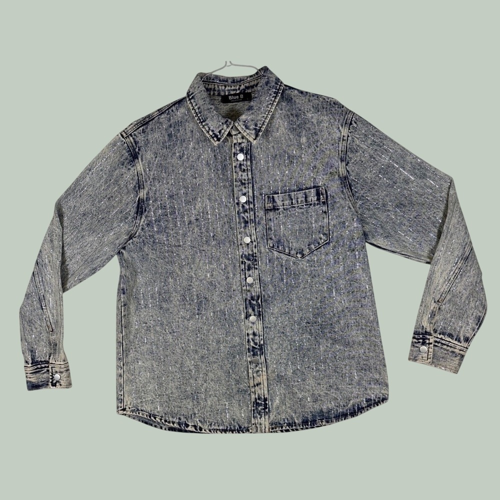 Blue B Collection Acid Wash Denim Rhinestone Button Down Shirt Large—Ladies
